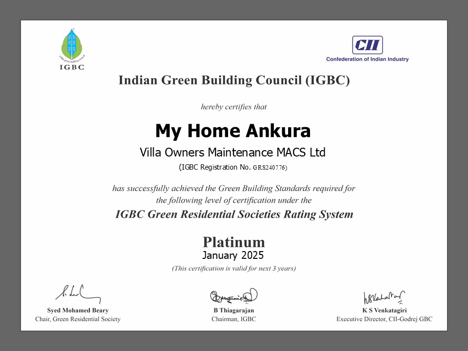 IGBC Green Residential Society Platinum Certified – My Home Ankura